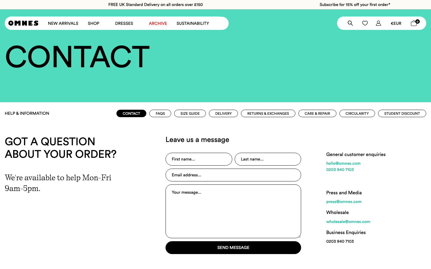 OMNES contact page showing message form, email addresses for general, press and wholesale enquiries, and a UK phone number with stated office hours.
